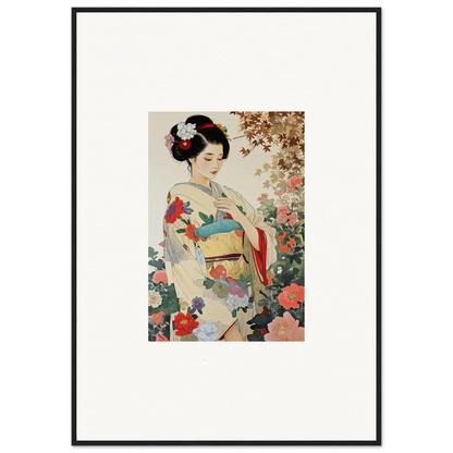 Traditional Japanese woman in a floral kimono, featured in Virtuous Floral Serenade art