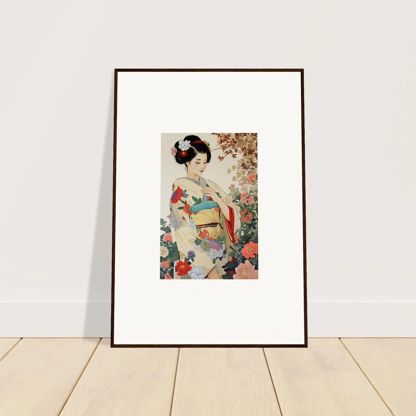 Framed wall art of a geisha among cherry blossoms in Virtuous Floral Serenade