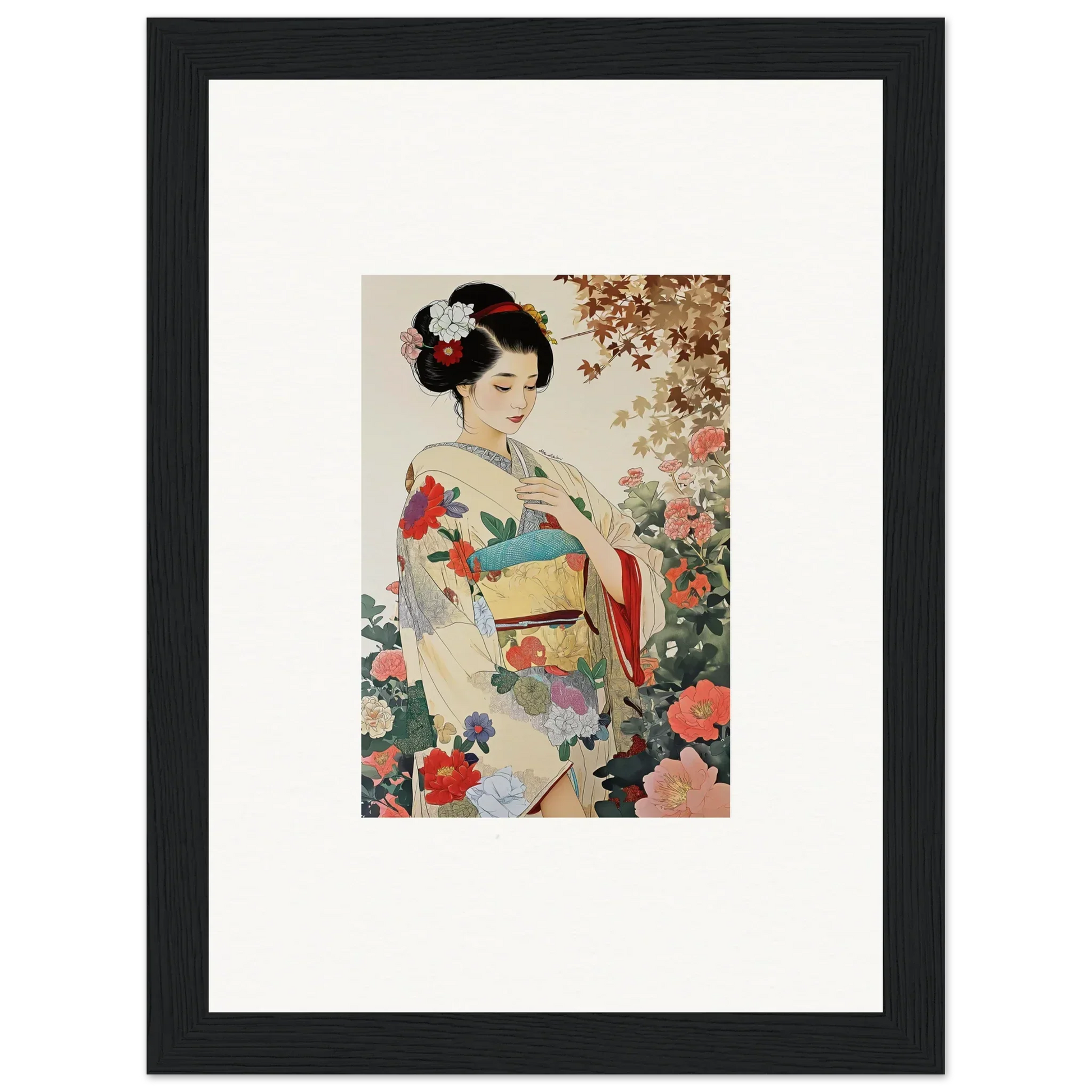 Framed wall art of a geisha in a floral kimono from Virtuous Floral Serenade