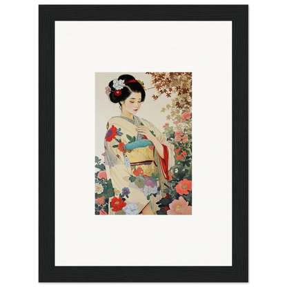 Framed wall art of a geisha in a floral kimono from Virtuous Floral Serenade