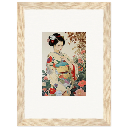 Framed wall art of a geisha in a floral kimono from Virtuous Floral Serenade