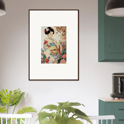 Framed wall art of a colorful figure in a kimono, from Virtuous Floral Serenade