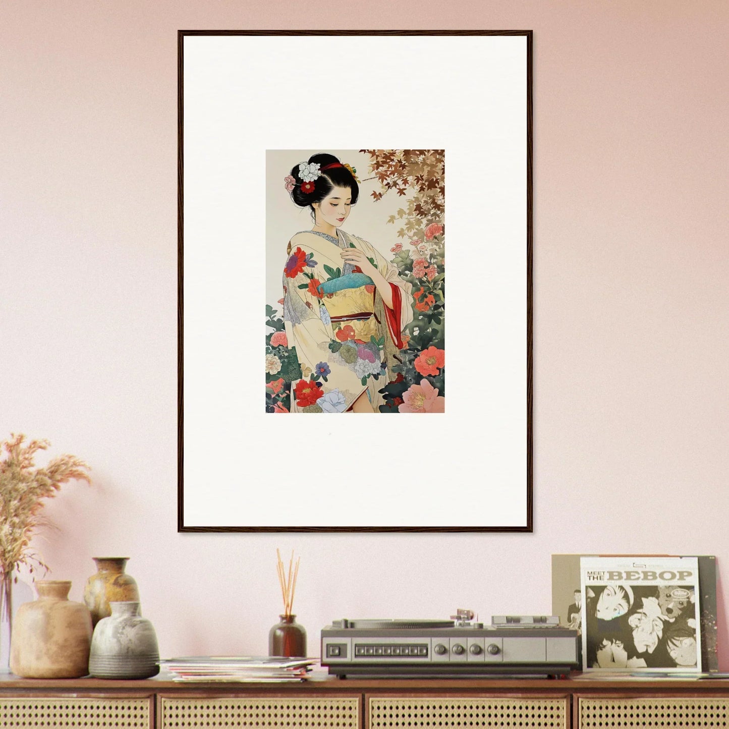 Framed wall art of a geisha in a kimono among cherry blossoms, Virtuous Floral Serenade