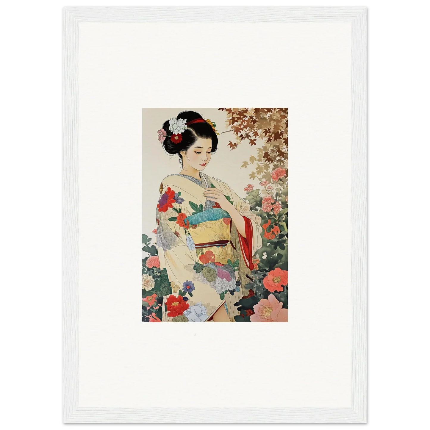 Traditional Japanese artwork of a geisha in a floral kimono for Virtuous Floral Serenade