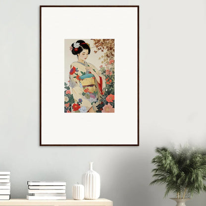 Framed wall art of a geisha in a floral kimono from Virtuous Floral Serenade