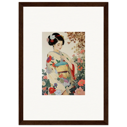 Traditional Japanese artwork of a geisha in a floral kimono from Virtuous Floral Serenade