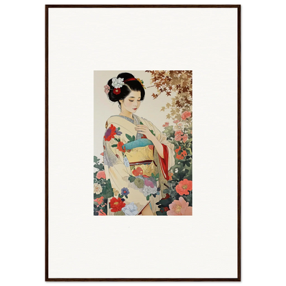 Traditional Japanese woman in floral kimono from Virtuous Floral Serenade framed wall art