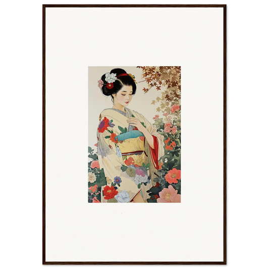 Traditional Japanese woman in floral kimono from Virtuous Floral Serenade framed wall art