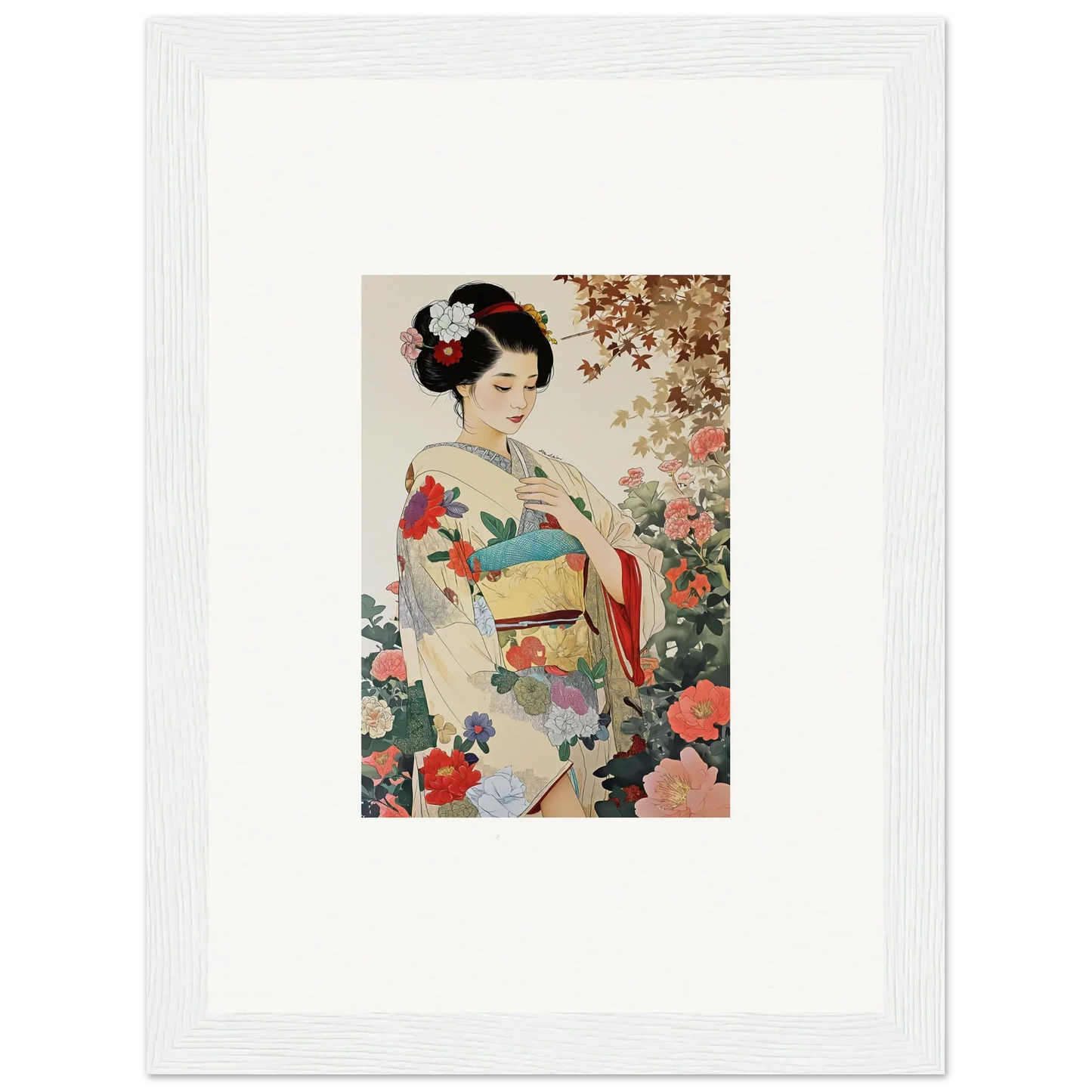 Traditional Japanese artwork of a geisha in a floral kimono for Virtuous Floral Serenade