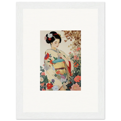 Traditional Japanese artwork of a geisha in a floral kimono for Virtuous Floral Serenade