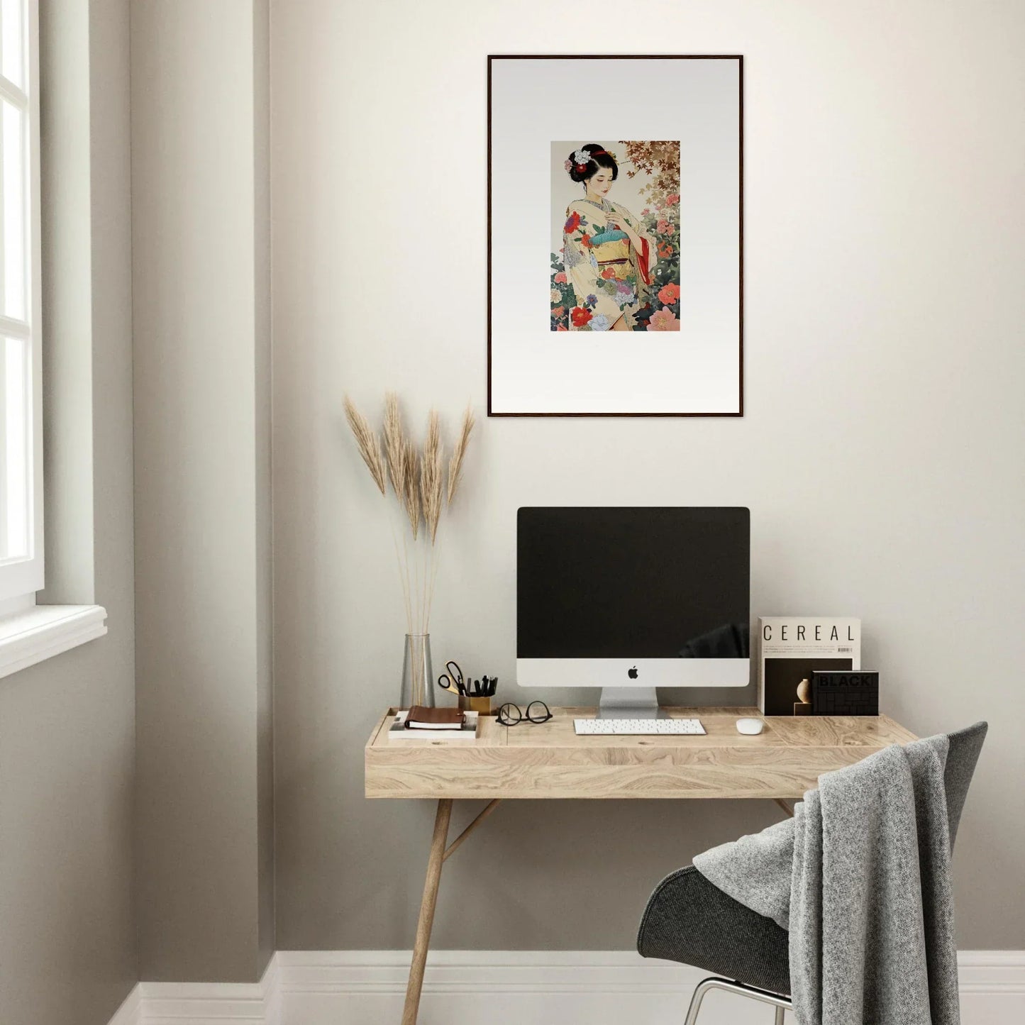 Minimalist wooden desk with iMac and Virtuous Floral Serenade framed wall art