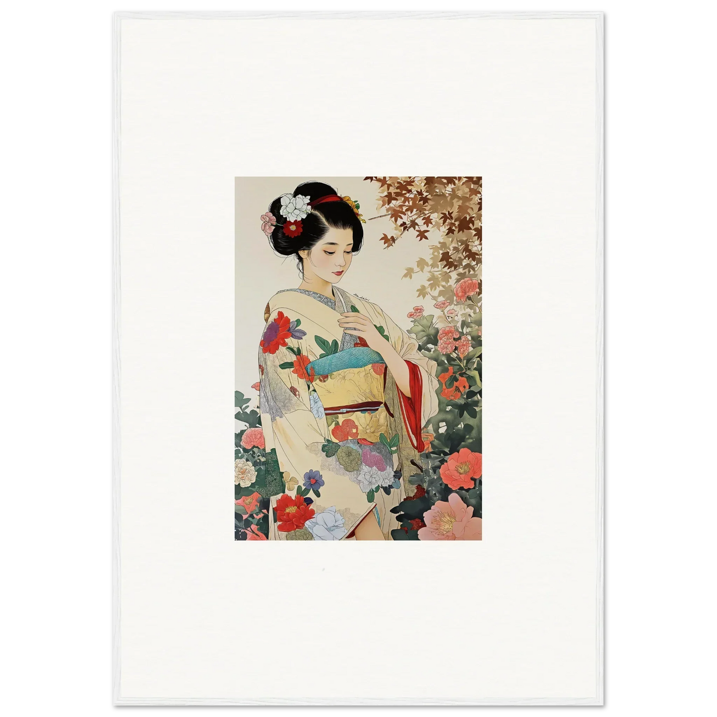 Traditional Japanese artwork of a woman in a floral kimono for Virtuous Floral Serenade