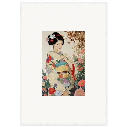 Traditional Japanese artwork of a woman in a floral kimono for Virtuous Floral Serenade