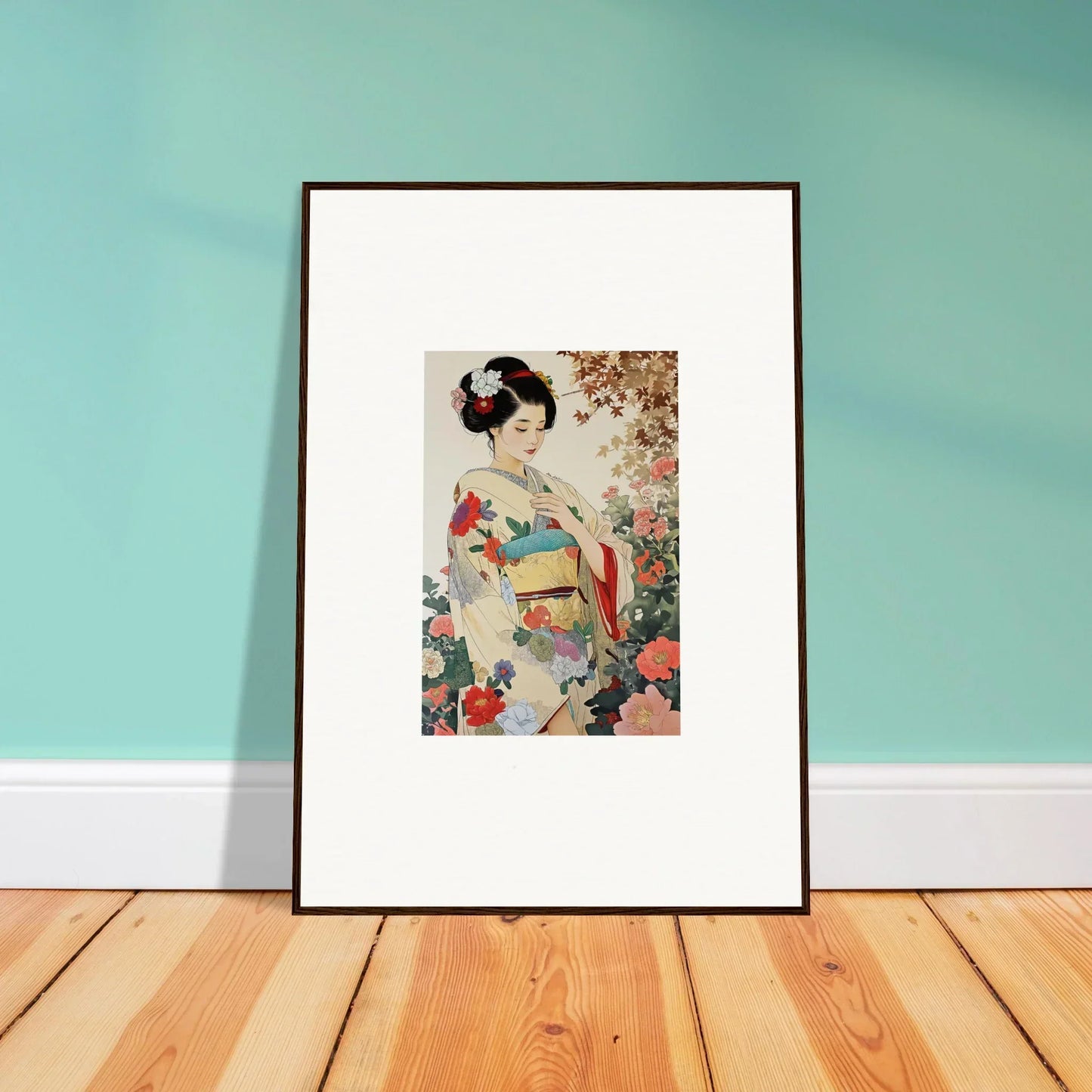 Framed wall art of Virtuous Floral Serenade with a figure in kimono among cherry blossoms