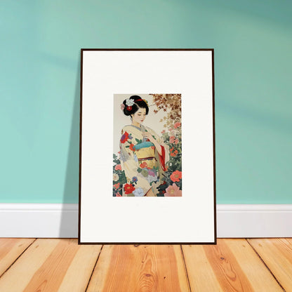 Framed wall art of Virtuous Floral Serenade with a figure in kimono among cherry blossoms