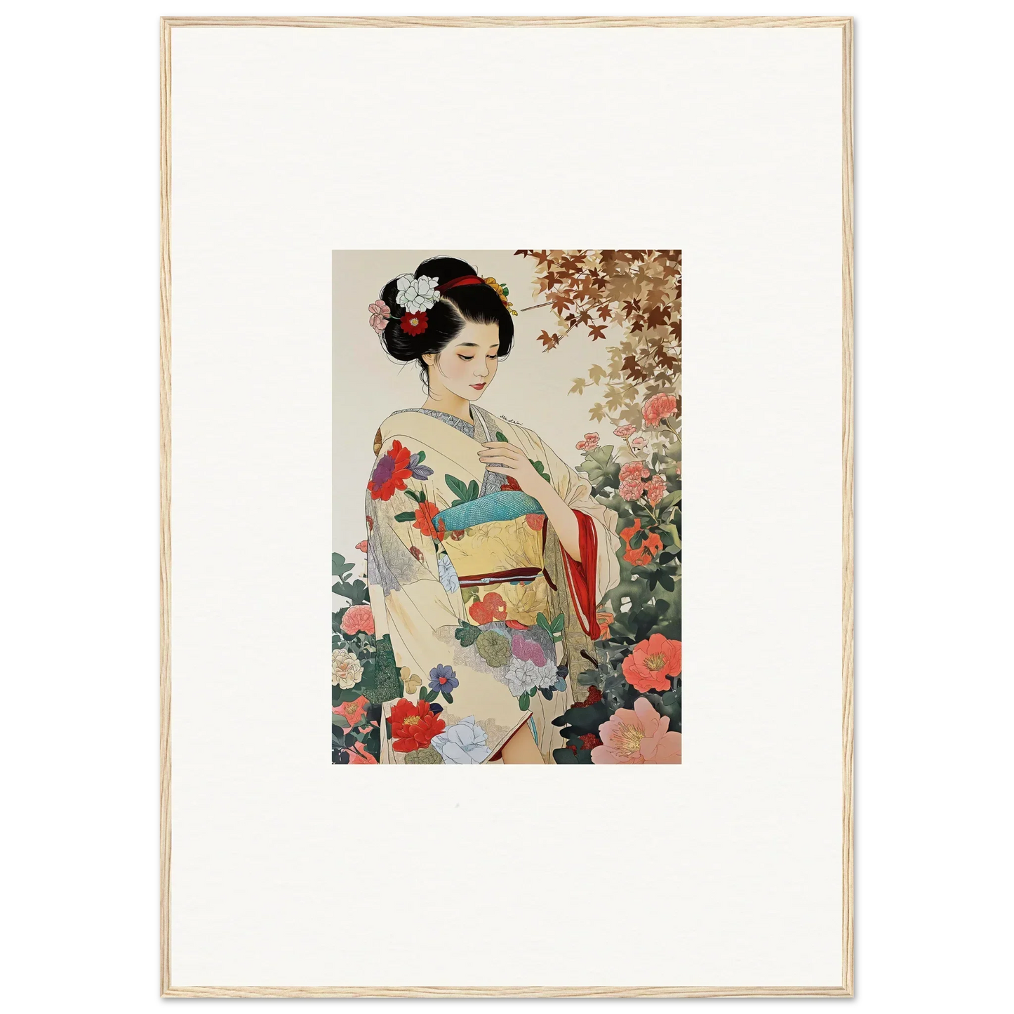 Traditional Japanese artwork of a figure in a floral kimono for Virtuous Floral Serenade