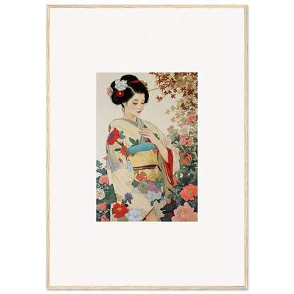 Traditional Japanese artwork of a figure in a floral kimono for Virtuous Floral Serenade