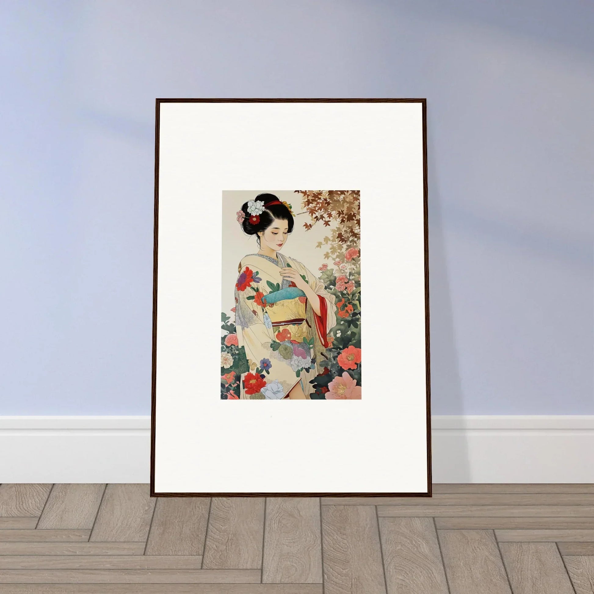 Framed wall art of a kimono figure among cherry blossoms in Virtuous Floral Serenade