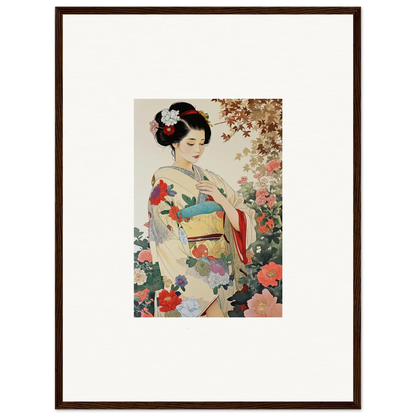 Traditional Japanese artwork of a geisha in a floral kimono for Virtuous Floral Serenade