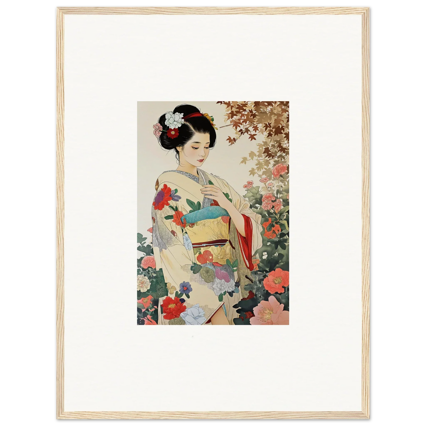 Framed wall art of a Geisha in a floral kimono from Virtuous Floral Serenade