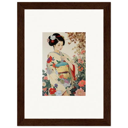 Framed wall art of a geisha in a floral kimono from Virtuous Floral Serenade