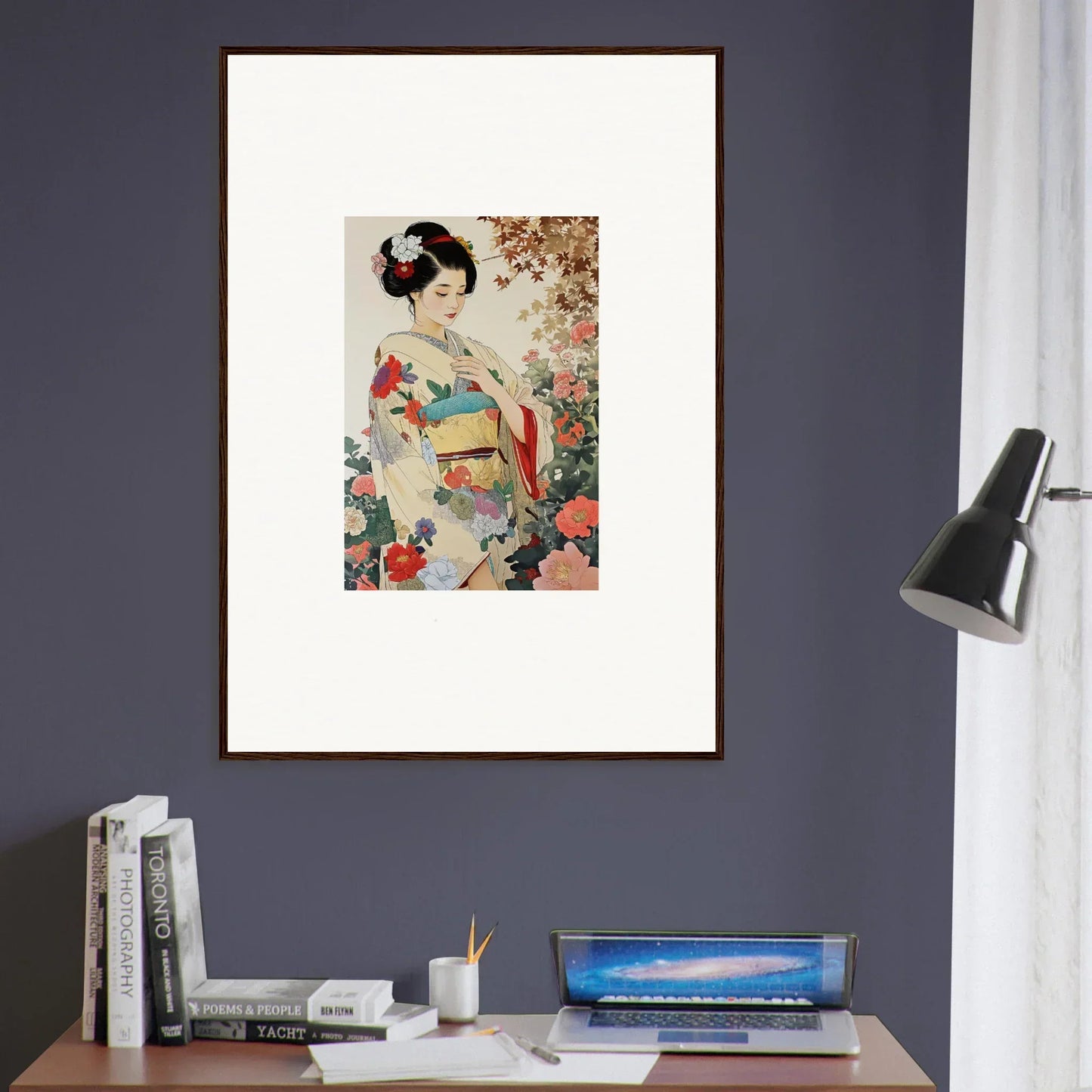 Framed wall art of a geisha in cherry blossoms from Virtuous Floral Serenade