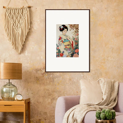 Framed Japanese Geisha art in Virtuous Floral Serenade with beautiful floral motifs