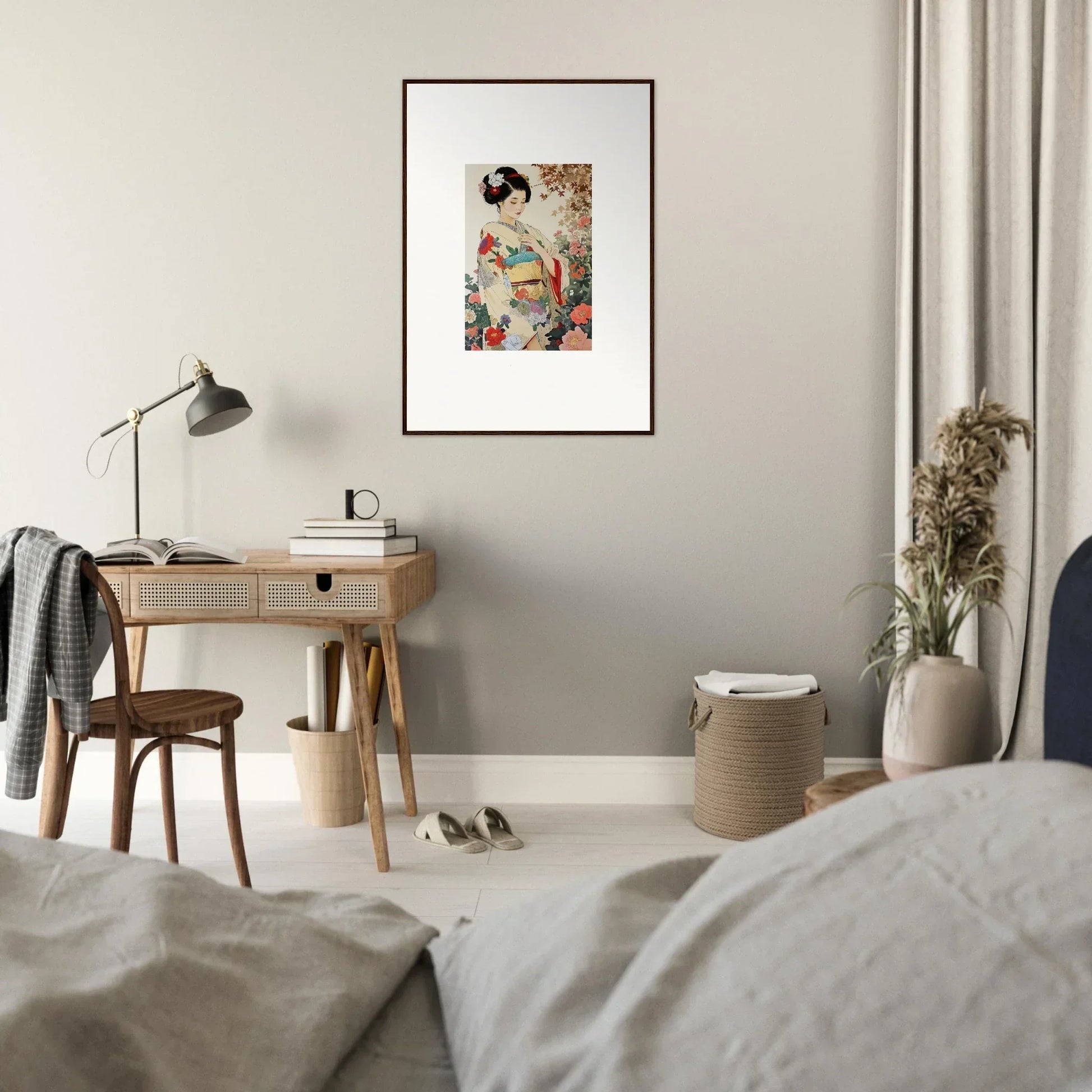 Framed wall art of a geisha in colorful kimono from Virtuous Floral Serenade