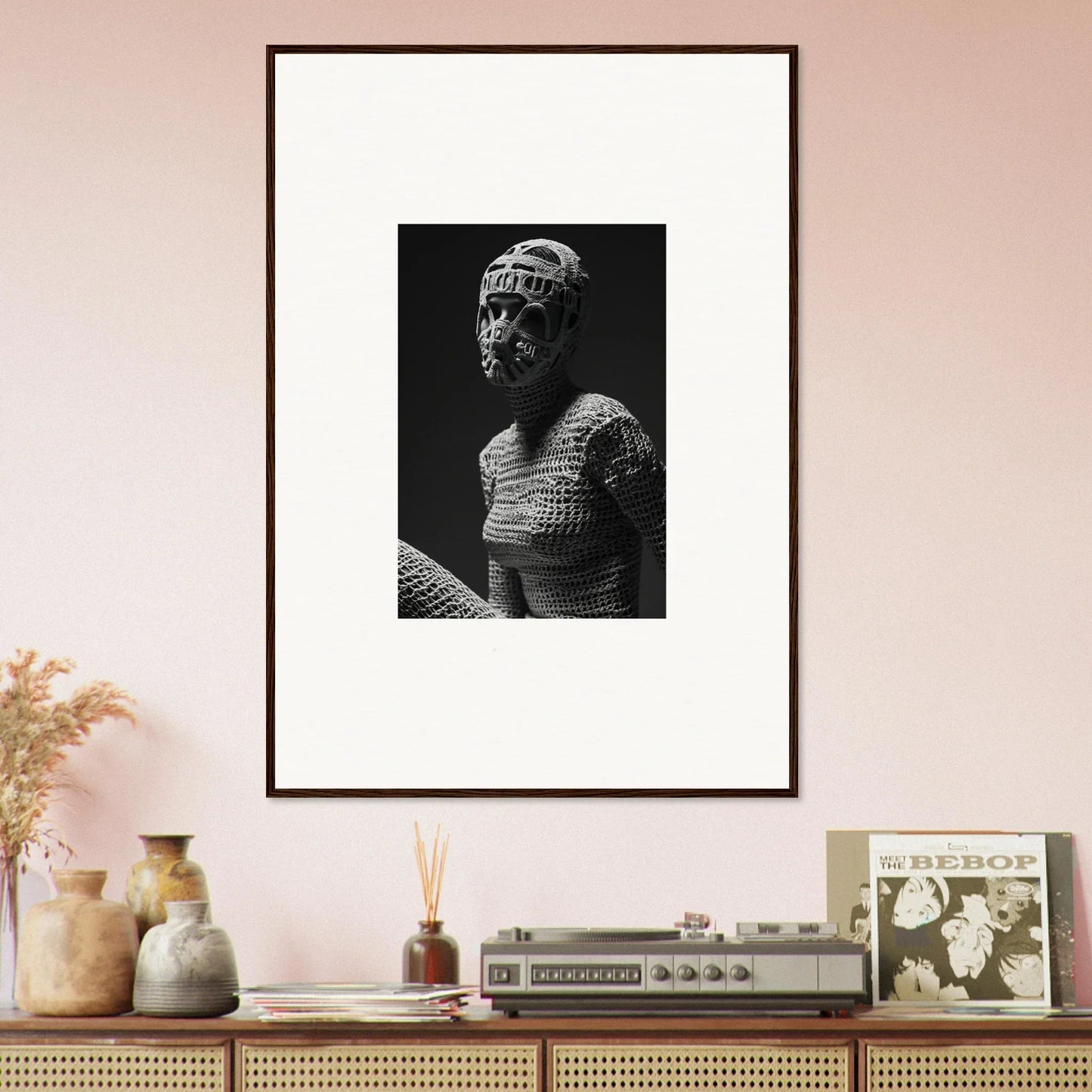 Framed black and white photograph of a classical bust sculpture.