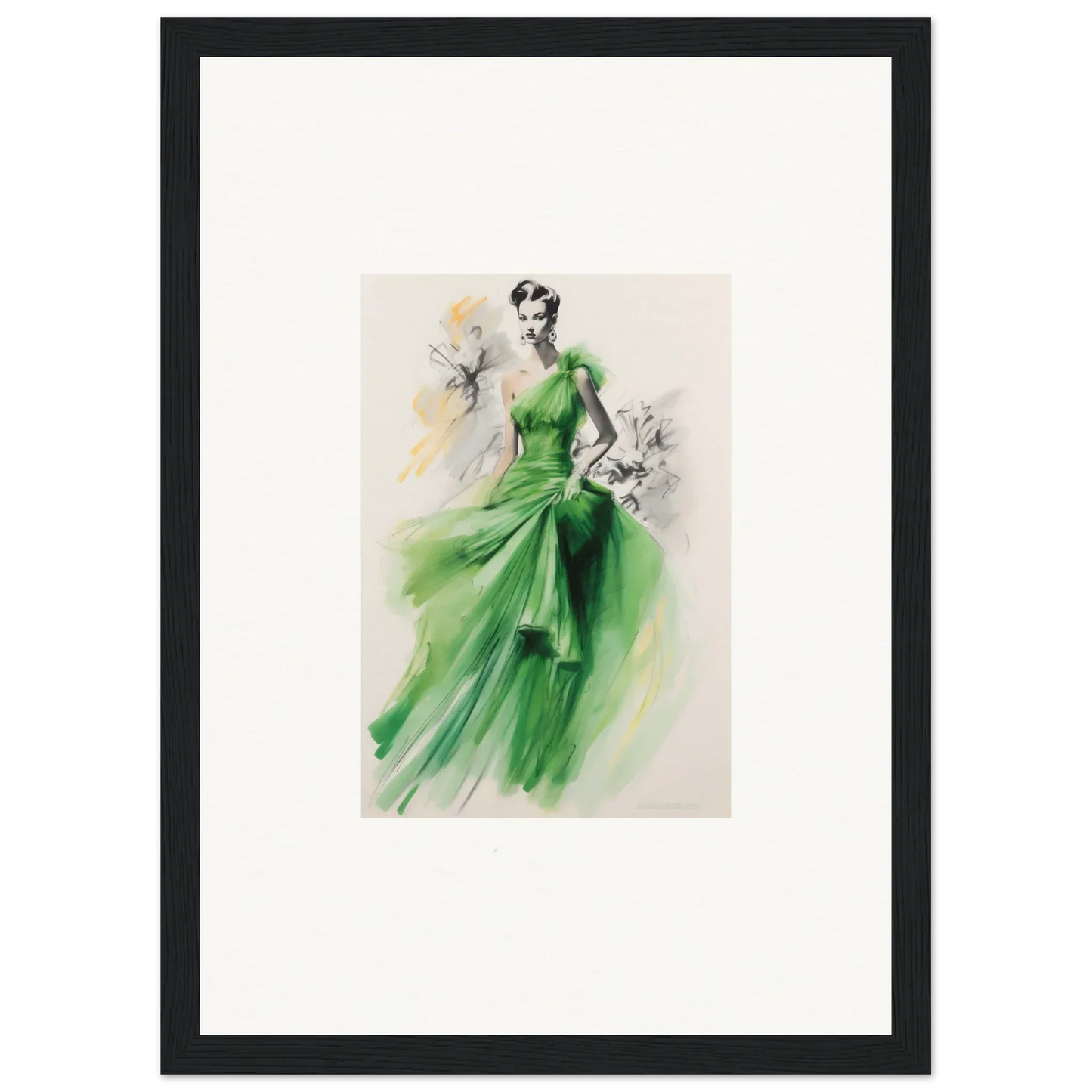 Elegant fashion illustration of Viscous Emerald Whirl evening gown as special edition art™