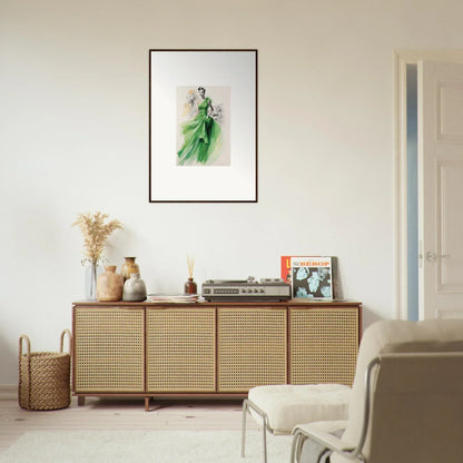 Rattan-fronted wooden credenza in Viscous Emerald Whirl special edition art design