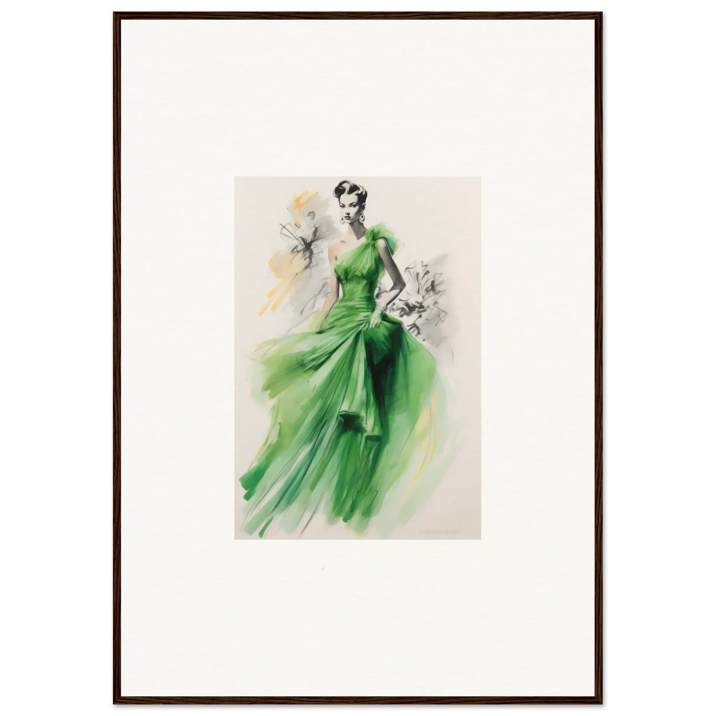 Elegant fashion illustration of Viscous Emerald Whirl evening gown framed wall art