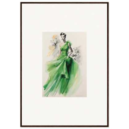 Elegant fashion illustration of Viscous Emerald Whirl evening gown framed wall art