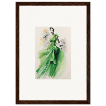 Fashion illustration of a flowing gown in Viscous Emerald Whirl framed wall art