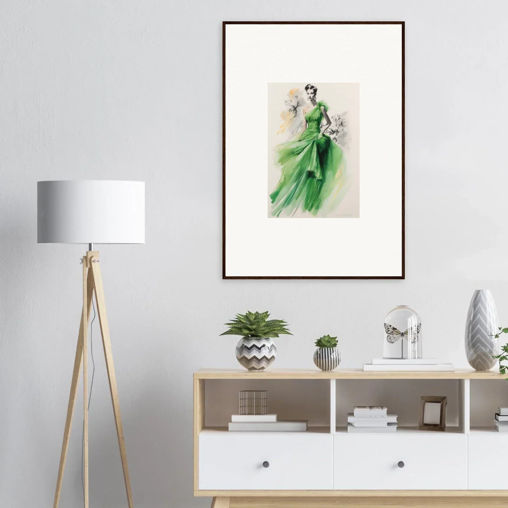 Framed wall art of a flowing green evening gown titled Viscous Emerald Whirl