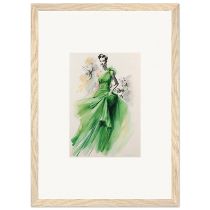 Elegant fashion illustration of a flowing emerald green gown from Viscous Emerald Whirl