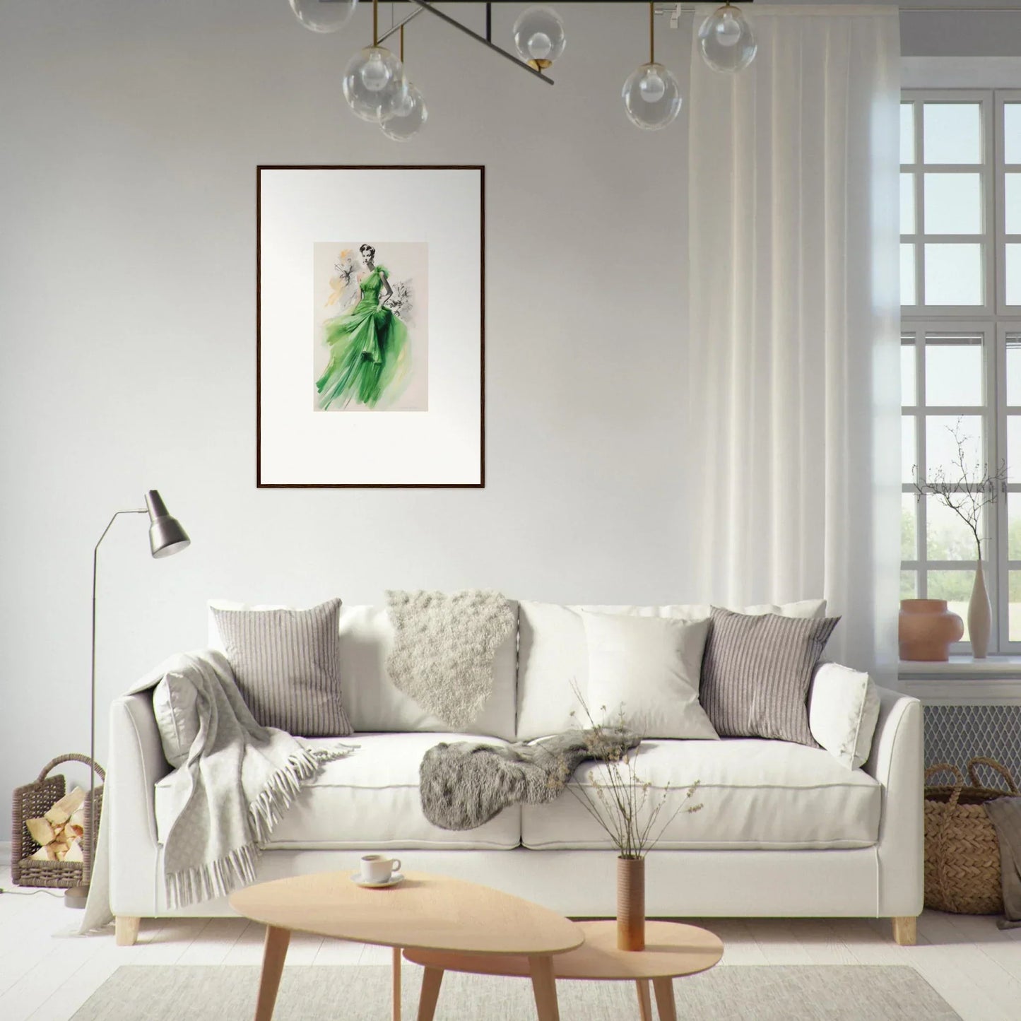 White sofa with gray and cream pillows, perfect with Viscous Emerald Whirl framed wall art