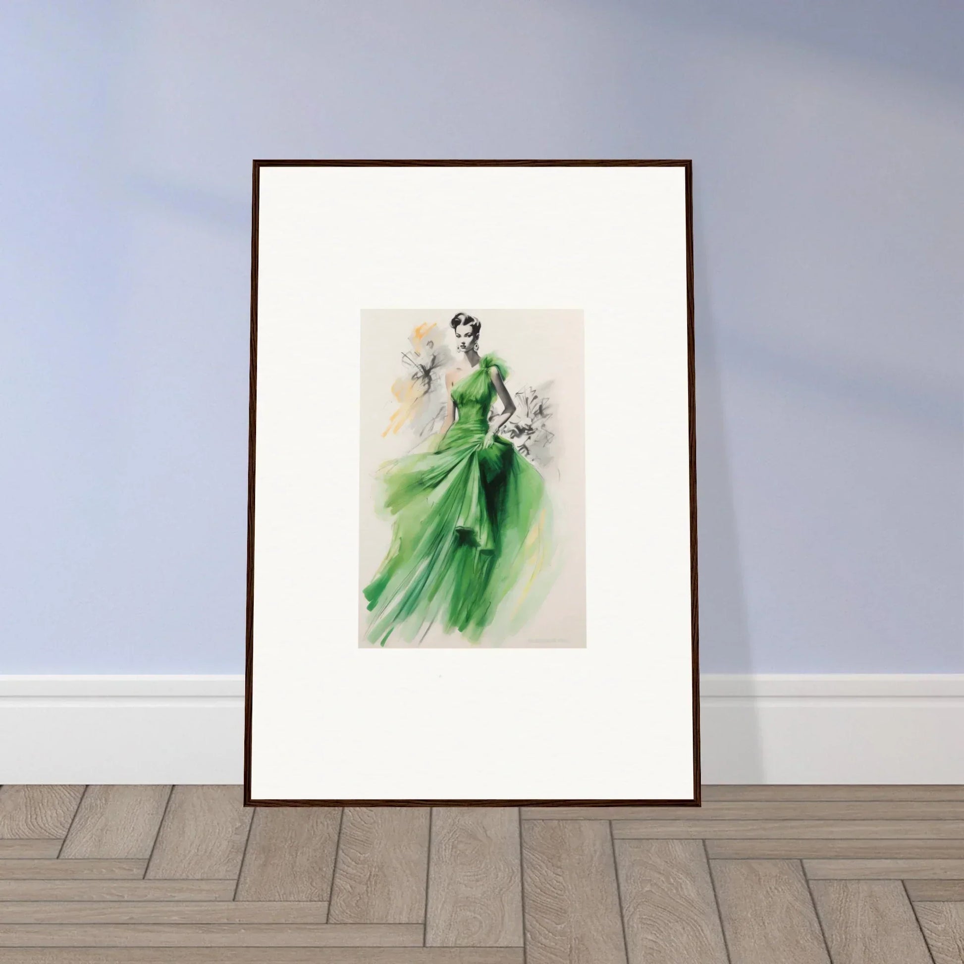 Framed wall art featuring a flowing emerald green evening gown from Viscous Emerald Whirl