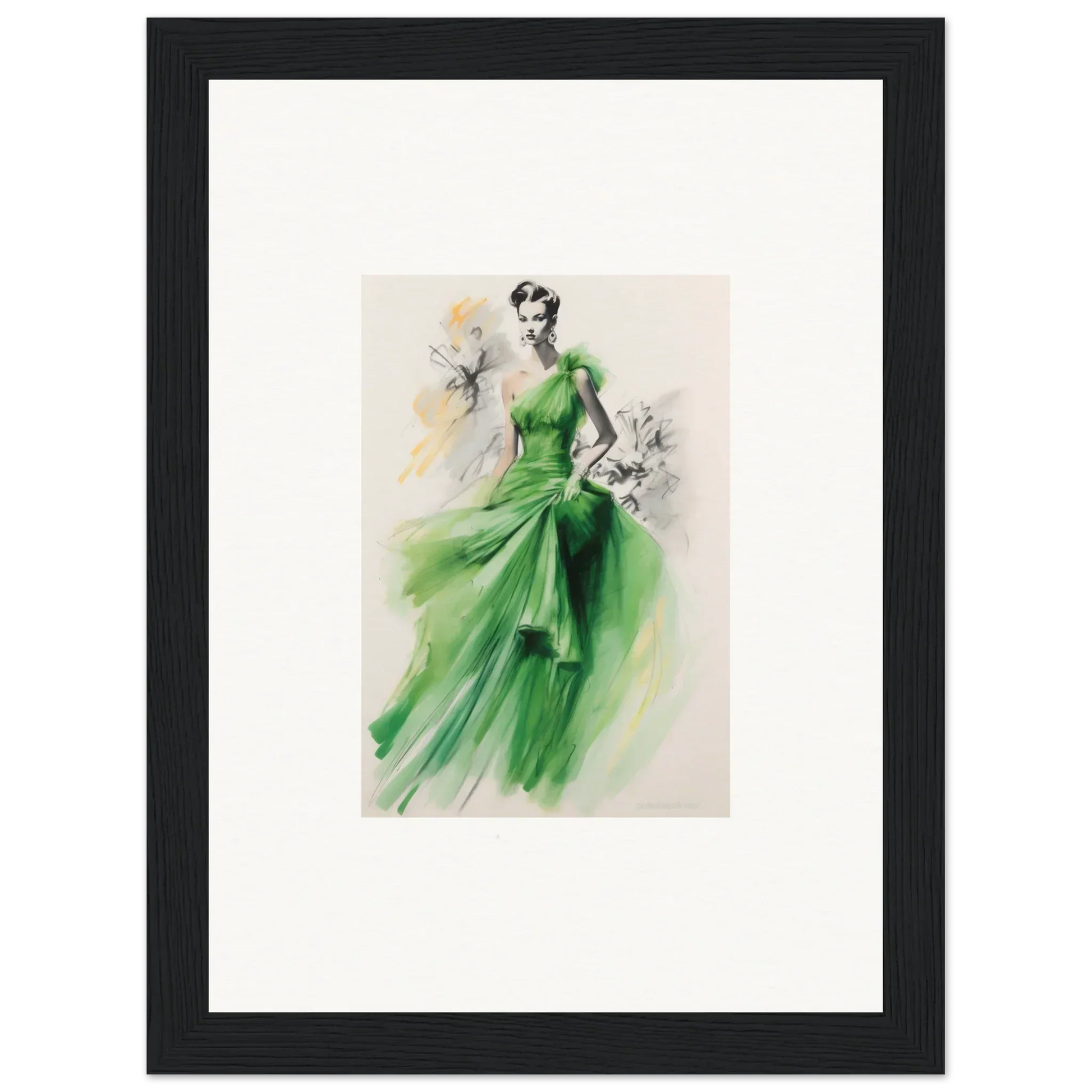 Elegant fashion illustration of Viscous Emerald Whirl evening gown in framed wall art