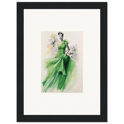 Elegant fashion illustration of Viscous Emerald Whirl evening gown in framed wall art