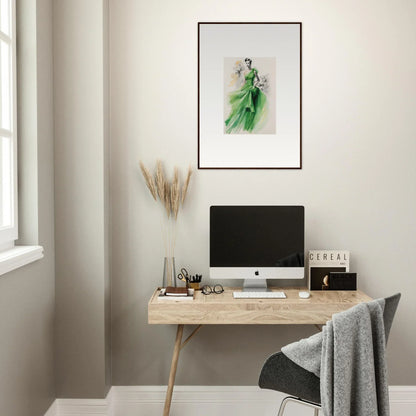 Minimalist wooden desk with iMac and simple decor featuring Viscous Emerald Whirl art