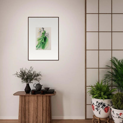 Framed wall art of a figure in a green dress from Viscous Emerald Whirl special edition art™