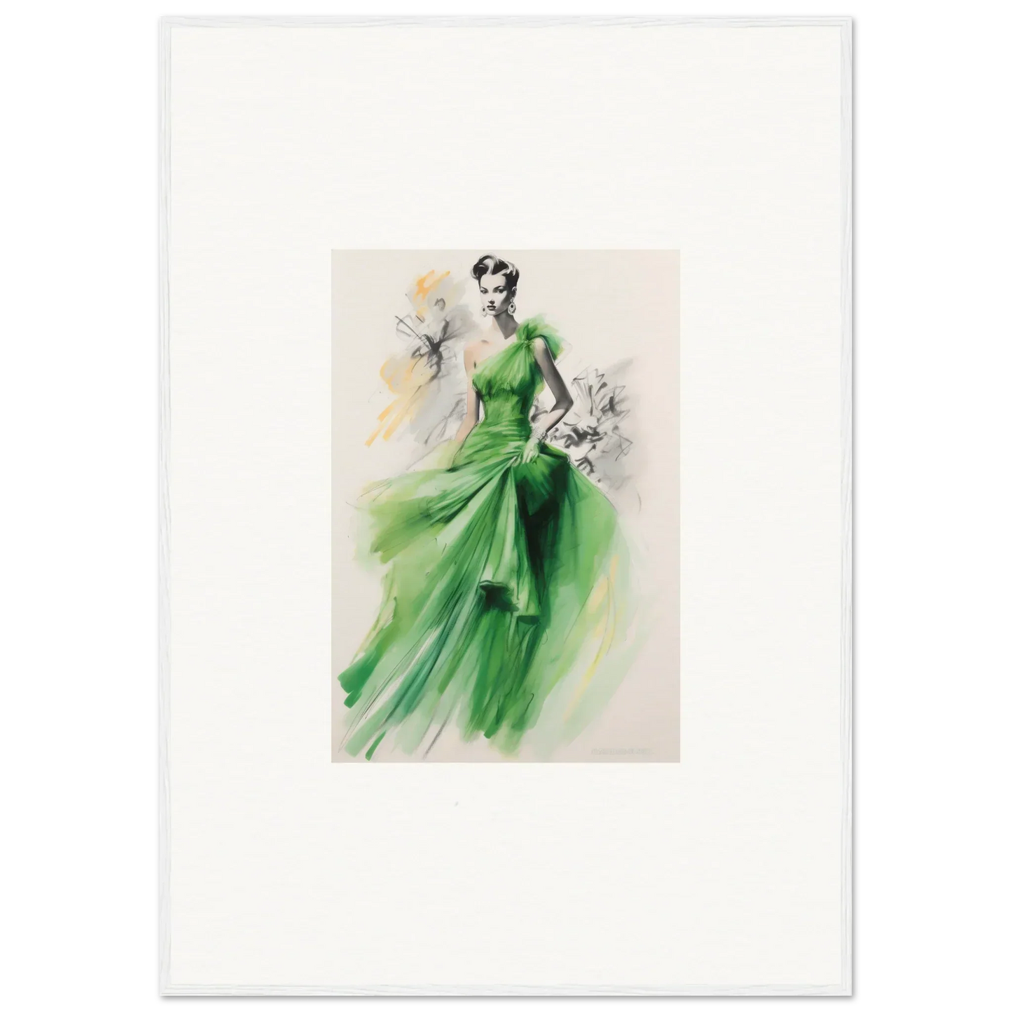 Fashion illustration of Viscous Emerald Whirl elegant gown as framed wall art