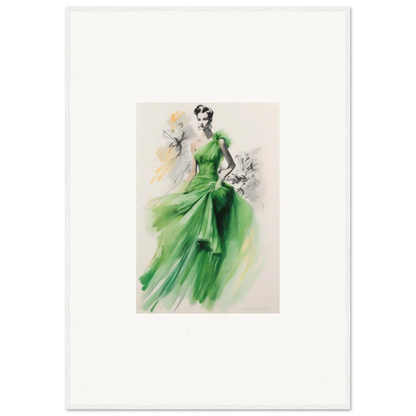 Fashion illustration of Viscous Emerald Whirl elegant gown as framed wall art