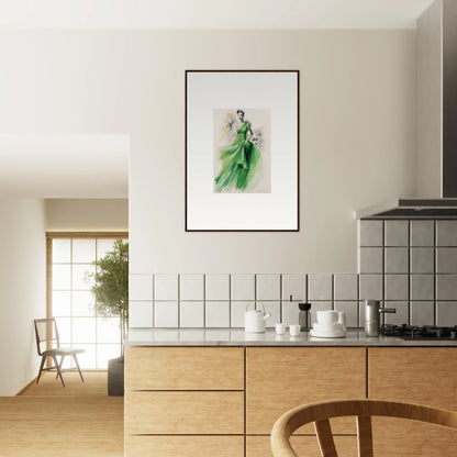 Framed wall art of a flowing green dress from the special edition art Viscous Emerald Whirl