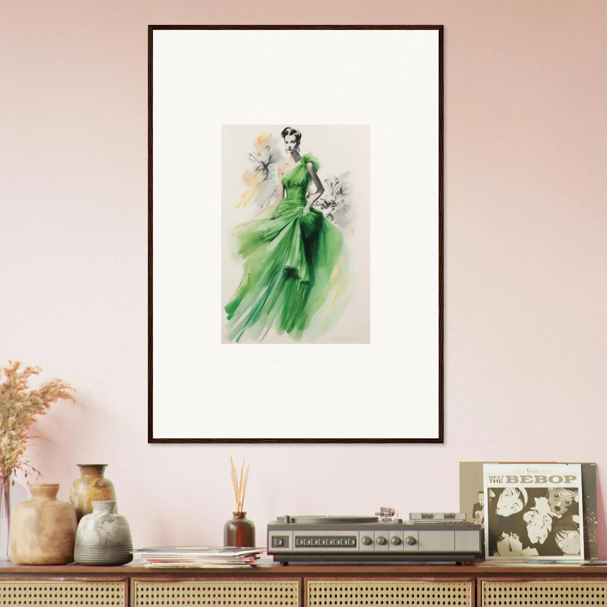 Framed wall art of a flowing emerald green dress in Viscous Emerald Whirl design