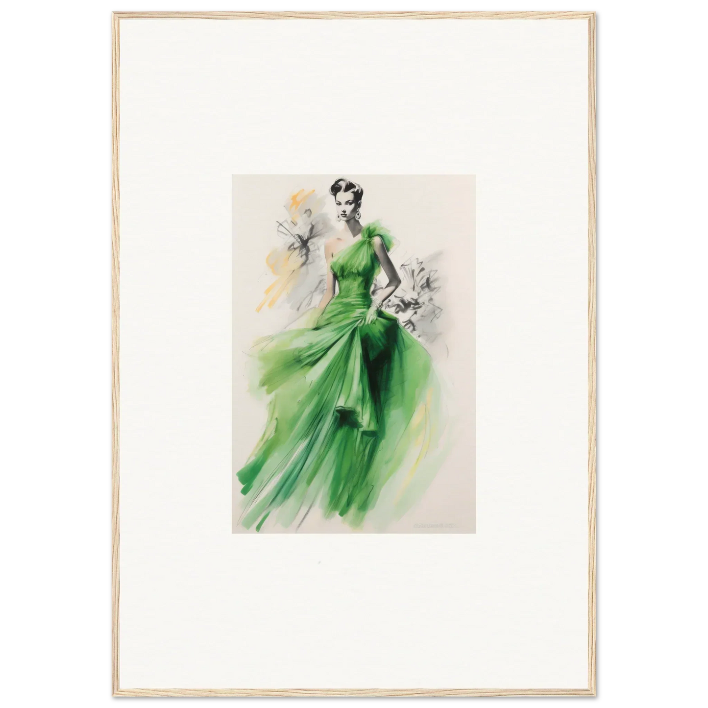 Elegant fashion illustration of Viscous Emerald Whirl evening gown framed wall art