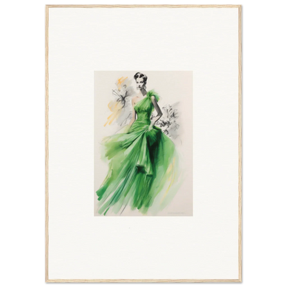 Elegant fashion illustration of Viscous Emerald Whirl evening gown framed wall art