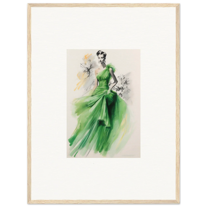 Elegant fashion illustration of a flowing emerald green gown from Viscous Emerald Whirl