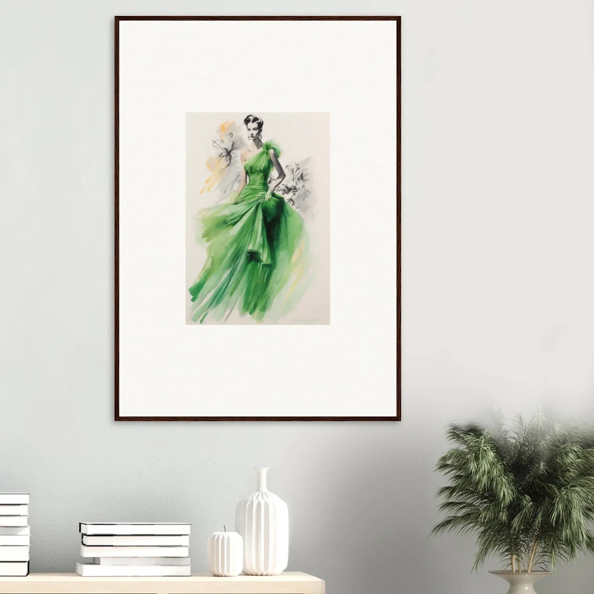 Framed wall art featuring a flowing emerald green evening gown, Viscous Emerald Whirl design